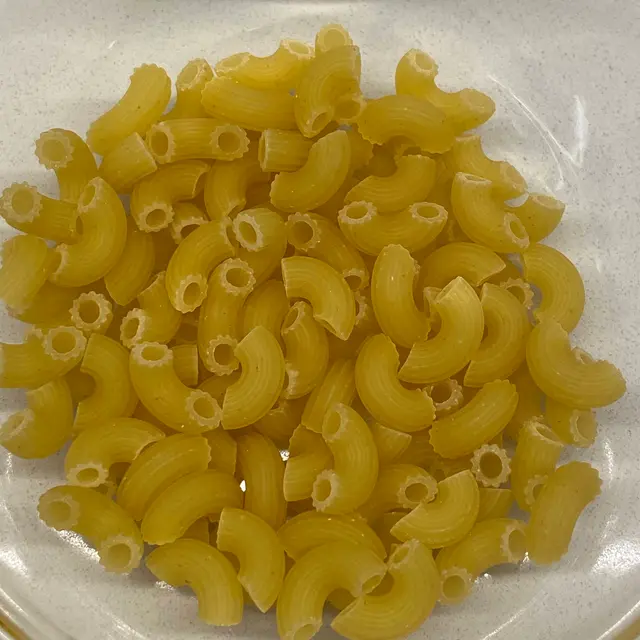 A close up shot of Small Elbow Macaroni on a round white plate