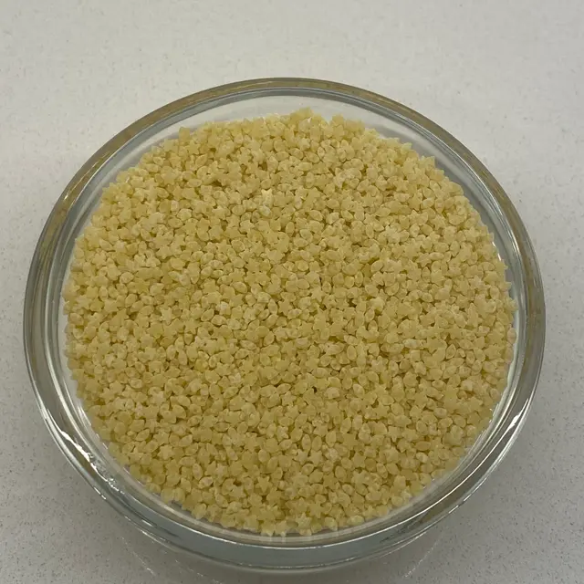 A close up shot of Pastina in a small round white glass bowl