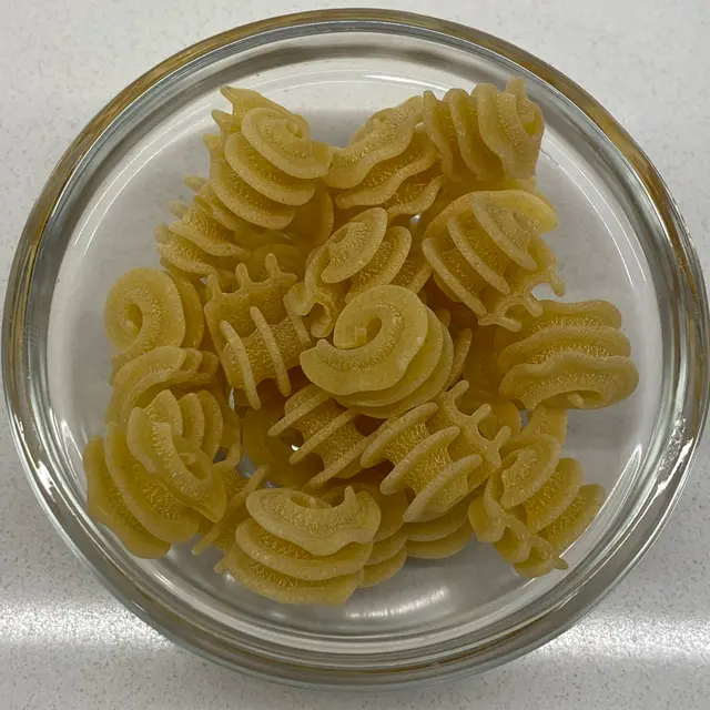A close up shot of Radiatore in a small round white glass bowl