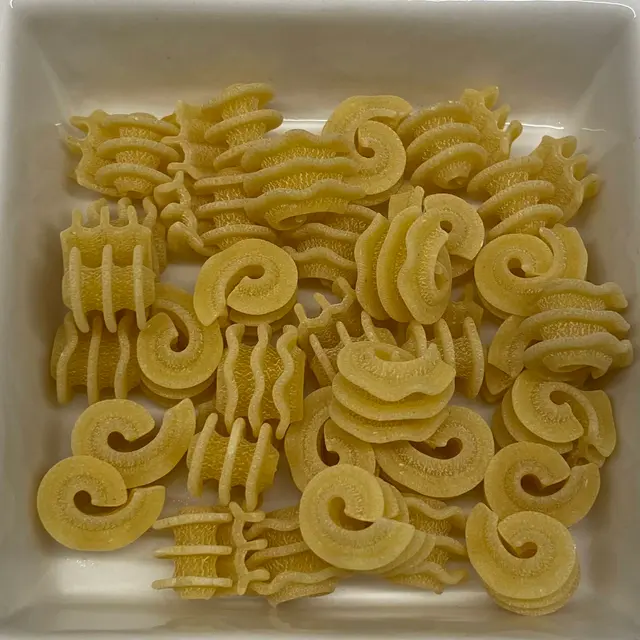 A close up shot of Radiatore in a square white glass bowl